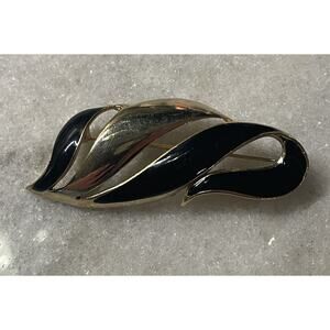 Vintage Brooch Signed M Jent Abstract Design Black Enamel Gold Tone Bold MCM